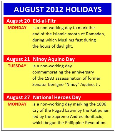 August 2012 Holidays - Eid-al-Fitr, Ninoy Aquino Day, National Heroes Day