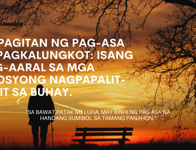 "Isang tao na nakatayo sa tabi ng isang bakanteng bangko sa ilalim ng puno sa paglubog ng araw, na may background na kulay kahel at dilaw na kalangitan."