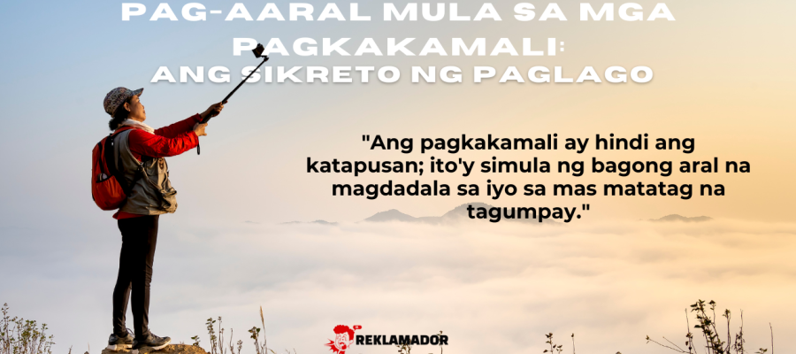 Isang naglalakbay na tao na nasa tuktok ng bundok, sumasalamin sa tema ng pag-aaral mula sa pagkakamali bilang susi sa paglago at tagumpay.